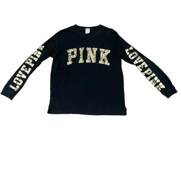 VICTORIA'S SECRET PINK BLACK BLING VARSITY CAMPUS TUNIC T-SHIRT CREW LARGE - Picture 1 of 7